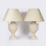 A PAIR OF TABLE LAMPS in the form of crackle glazed classical urns, 64cm high overall