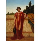 A LATE 20TH CENTURY PRE-RAPHAELITE STYLE OIL PAINTING OF A SEMI CLAD FEMALE