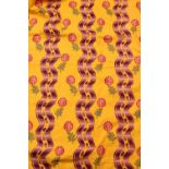 A PAIR OF CLAREMONT FLORAL AND STRIPED PATTERNED CURTAINS on a yellow ground, 255cm drop x 220cm