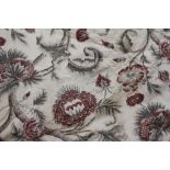 FOUR PAIRS OF FIRED EARTH CURTAINS with floral printed decoration and fringed edges, with machine