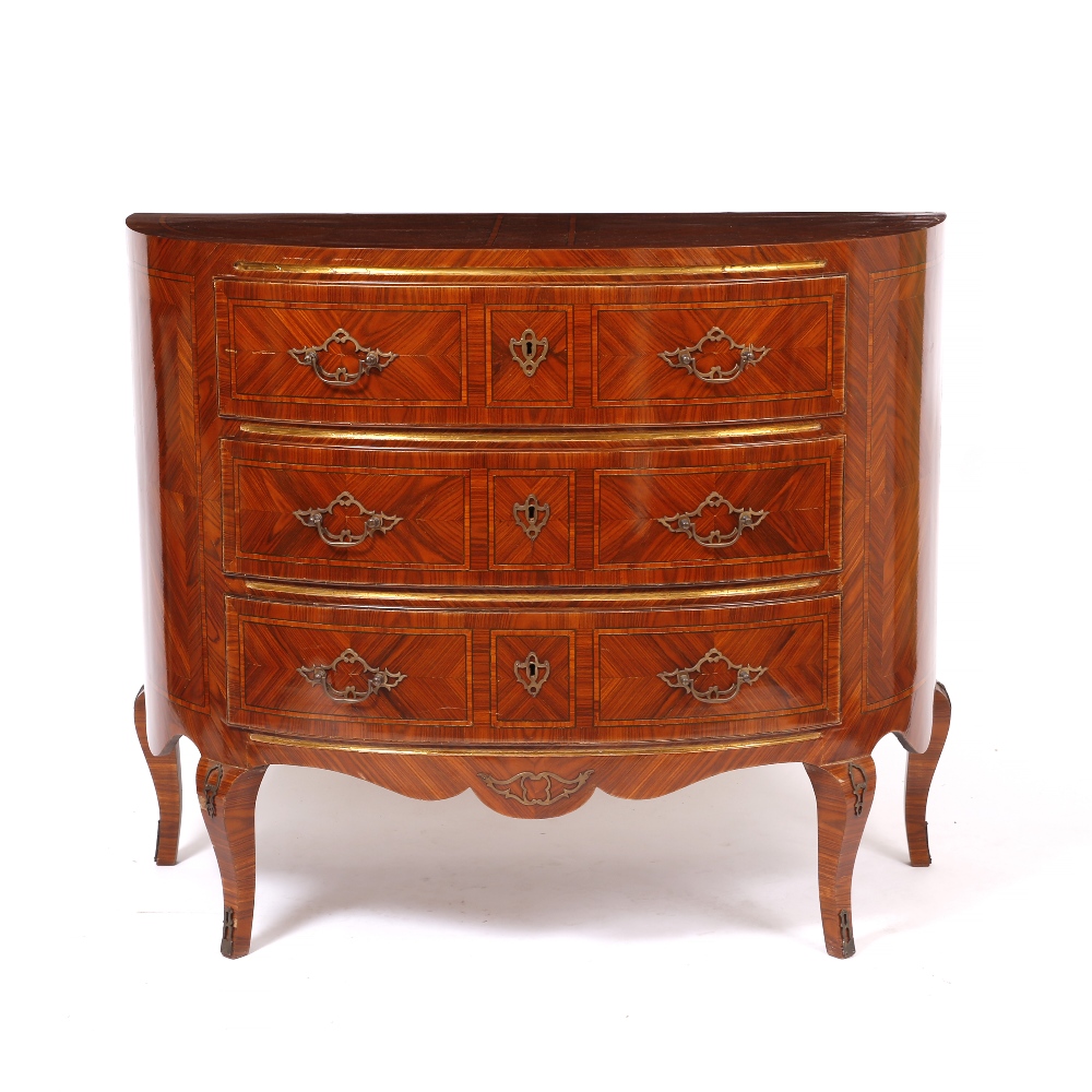 A PAIR OF ITALIAN KINGWOOD DEMI LUNE THREE DRAWER COMMODES each with quarter veneered decoration - Image 4 of 4