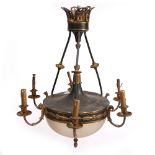 A PARCEL GILT REGENCY STYLE HANGING LIGHT FITTING the six scrolling arms with griffin finials around