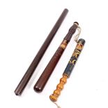 A VICTORIAN TURNED WOOD AND BLUE PAINTED POLICEMAN'S TRUNCHEON with gilt decoration and VR