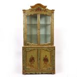 A 19TH CENTURY ITALIAN PAINTED FLOOR STANDING CORNER CABINET the decorative arching crest with