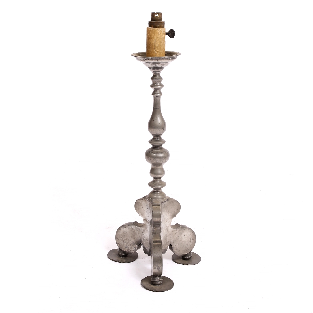 AN ANTIQUE DUTCH PEWTER PRICKET CANDLESTICK with turned stem and tripod base, later converted for - Image 2 of 2