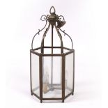 AN OLD HEXAGONAL HANGING HALL LANTERN with three branch electrical fitting within, 29cm wide x 58.