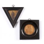 AN ANTIQUE TRIANGULAR MINIATURE of The Virgin Mary, oil on copper 7cm x 7cm and framed together with