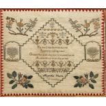 A 19TH CENTURY SAMPLER worked by Martha Maria Walmsley with central motto surrounded by flower