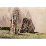 *REGINALD GEORGE HAGGAR (1905 - 1988) 'Two Stone Monoliths', watercolour, signed lower right, 36.5cm