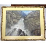 EDGAR E WEST (19TH CENTURY SCHOOL) A mountain waterfall, watercolour, signed with initials lower