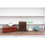 A MINIATURE CHEST OF DRAWERS, a painted toy piano, a wooden fruit bowl, a writing box, two ink