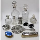 TWO ANTIQUE CUT GLASS SILVER COLLARED DECANTERS scent bottles, dressing table requisites, photo