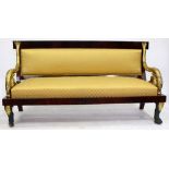 A CONTINENTAL MAHOGANY PARCEL GILT AND PAINTED SOFA with overstuffed upholstered back and seat, gilt