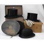 A SELECTION OF VINTAGE HATS including an opera hat in case, a bowler hat, a top hat with gloves