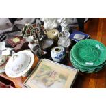 A SELECTION OF CHINA AND CERAMICS to include Wedgwood green glazed majolica leaf plates, Chinese