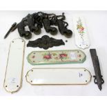 FOUR ANTIQUE PORCELAIN DOOR PLATES one with painted floral decoration and a quantity of brass