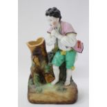 A CONTINENTAL PORCELAIN SPILL VASE in the form of a boy standing next to a tree stump, 25cm high