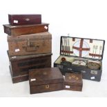 A GROUP OF SIX VARIOUS OLD BOXES together with a picnic set