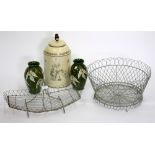 TWO GREEN PAINTED WIREWORK BASKETS or planters, a pair of green pottery Branham vases with painted