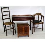 A 19TH CENTURY MAHOGANY COMMODE 46cm wide together with an Edwardian corner chair, a ladder back