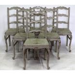 A SET OF SIX FRENCH GREY PAINTED CHAIRS with ladder backs, rush inset seats and cabriole legs