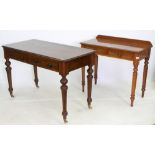 TWO VICTORIAN MAHOGANY SIDE TABLES one fitted with two frieze drawers and ebonised handles, standing