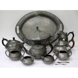 A SELECTION OF PEWTER WARES including a tray, tea and coffee pots, sugar bowl etc