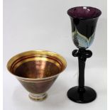 A PURPLE STEM GLASS by Rowland Correia, 26cm in height; and a studio pottery bowl, 16cm diameter (
