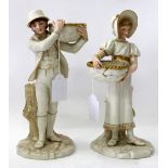 A PAIR OF 19TH CENTURY ROYAL WORCESTER HADLEY FIGURE GROUPS with blush ivory and gilt painted