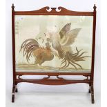 AN EARLY TO MID 19TH CENTURY MAHOGANY FRAMED FIRE SCREEN with Chinese embroidered silk panel, 78cm x