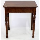 A 19TH CENTURY MAHOGANY SIDE TABLE standing on turned legs, 66cm x 46cm x 71cm