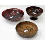 THREE PIECES OF EARLY MARBLED EFFECT PLASTIC BOWLS and a pedestal tazza to include a W.J.