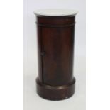 A 19TH CENTURY MAHOGANY CYLINDRICAL POT CUPBOARD with circular white marble top, 76cm high