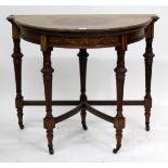 A 19TH CENTURY WALNUT MARQUETRY INLAID CARD TABLE with blue baize lining, 91cm x 74cm x 53cm