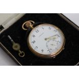 A 9CT GOLD CASED POCKET WATCH the enamelled dial with Roman numerals, a subsidiary dial and