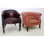 A PINK DAMASK FABRIC UPHOLSTERED TUB CHAIR terminating in porcelain casters, and a leatherette