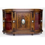 A 19TH CENTURY WALNUT CREDENZA with satinwood inlay brass mounts and painted porcelain plaques,