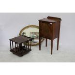 A SMALL MAHOGANY POT CUPBOARD together with a gilt framed oval wall mirror and a small table top