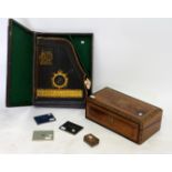 AN EARLY 20TH CENTURY AUTO HARP IN FITTED BOX, a 19th century walnut inlaid writing box, a small