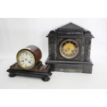 A 19TH CENTURY FRENCH MANTLE CLOCK with white enamel dial and blue Roman numerals, including a