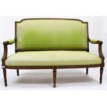 A 19TH CENTURY FRENCH TWO SEATER SETTEE with green lozenge pattered fabric upholstery, 130cm wide