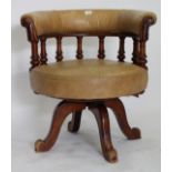 A 19TH CENTURY WALNUT CREAM LEATHER UPHOLSTERED CAPTAIN'S CHAIR 71cm high