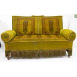 A LATE 19TH / EARLY 20TH CENTURY CARPET UPHOLSTERED CARVED END SOFA 160cm wide approximately