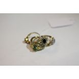 A 9CT GOLD RING WITH A SAPPHIRE AND CLUSTER OF DIAMONDS with a similar sapphire ring together with