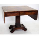 A 19TH CENTURY MAHOGANY AND ROSEWOOD CROSS BANDED SOFA TABLE with two frieze drawers, 158cm wide x