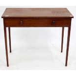 A 19TH CENTURY MAHOGANY SIDE TABLE with rectangular top, single frieze drawer and standing on square