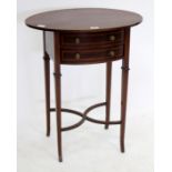 AN EDWARDIAN OVAL TOPPED OCCASIONAL TABLE with cross banded decoration, two frieze drawers, square