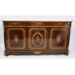 A CONTINENTAL SIDEBOARD with a white marble top, inlaid decoration and gilt mounts, 117cm wide