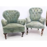 TWO 19TH CENTURY MAHOGANY FRAMED ARMCHAIRS with a light blue button upholstery, the tallest measures