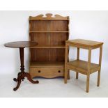 A 20TH CENTURY PINE WATERFALL OPEN BOOKCASE a modern pine bedside unit and a 19th century oak